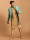 Vastramay Men's Green Silk Blend Sherwani With Rose Gold Kurta Pant Set